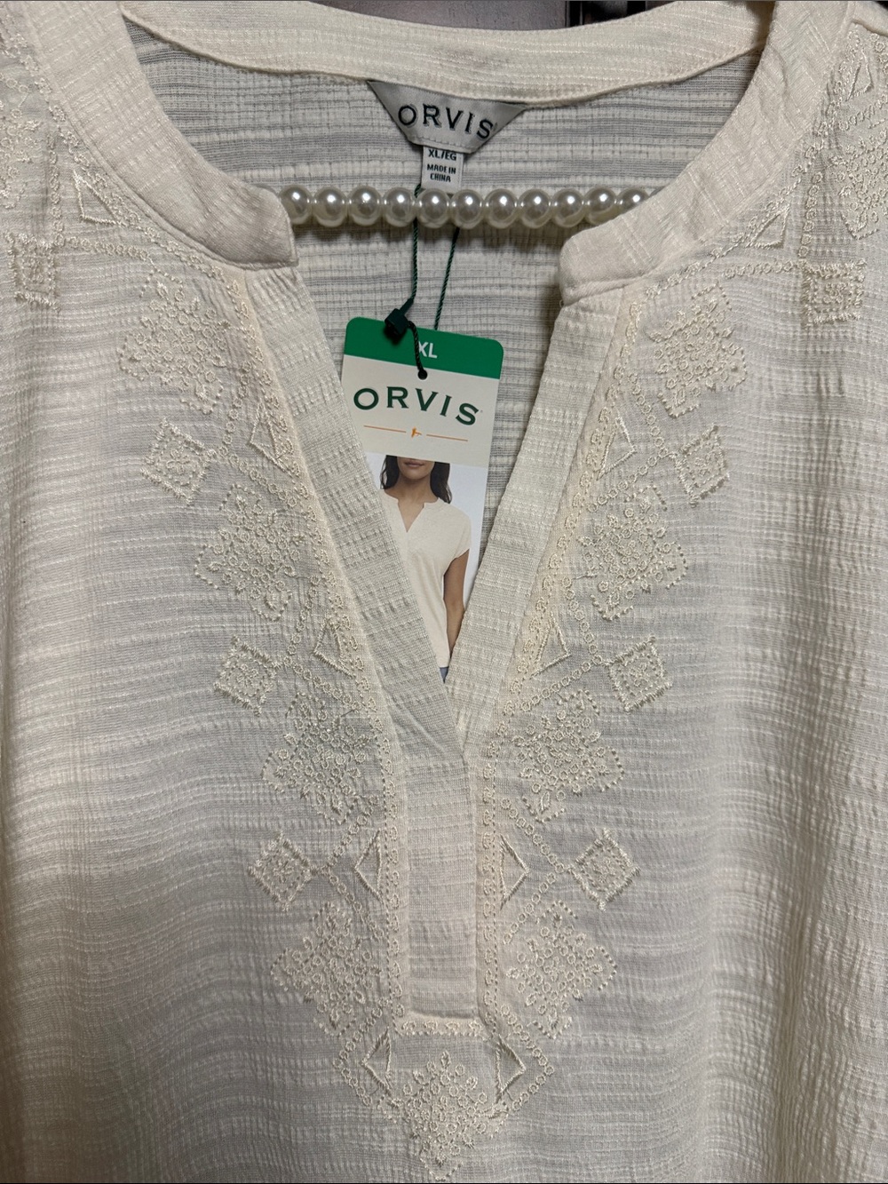 Orvis Cream Split-Neck Embroidered Short-Sleeve Top - Picture 2 of 7